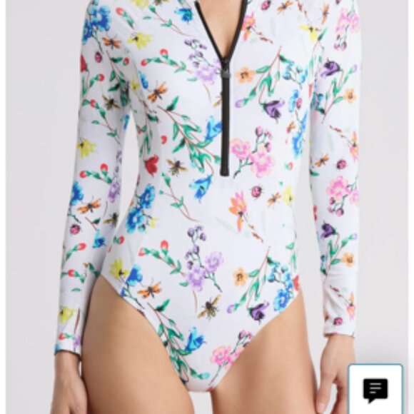 Betsey Johnson Floral Long Sleeve Rashguard Swimsuit Zip Front NWT Medium - Picture 1 of 7